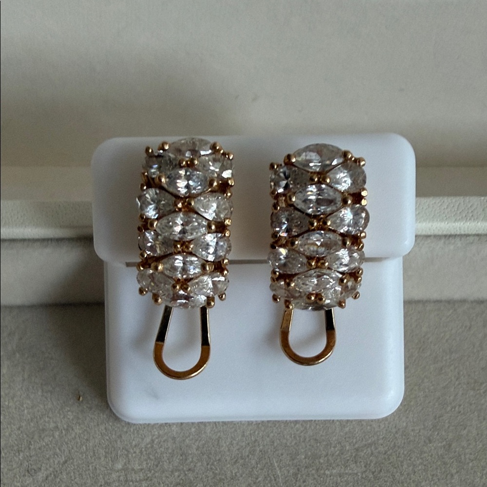 Vintage 1990s Spain Rhinestone Clip-On Earrings Gold Tone Navette Bridal Glam